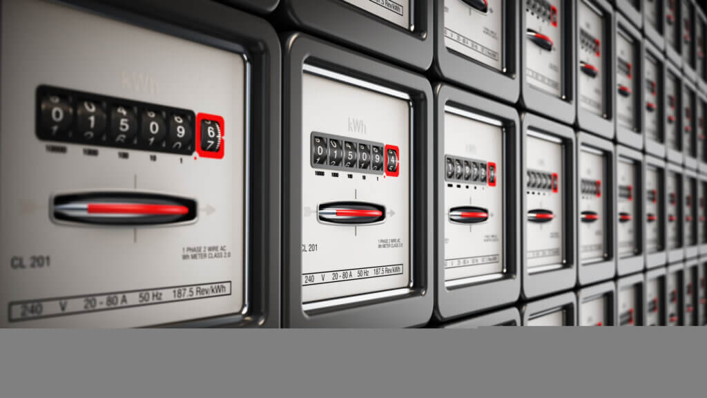 Rows of analog electric meters with dials and numerical readouts installed in a commercial building for monitoring electricity usage, showcasing the intricate mechanisms that record power consumption for each unit or tenant. 3D illustration