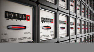 Rows of analog electric meters with dials and numerical readouts installed in a commercial building for monitoring electricity usage, showcasing the intricate mechanisms that record power consumption for each unit or tenant. 3D illustration