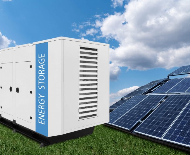Solar panels with renewable energy storage in the green field. Gewerblicher Batteriespeicher neben einer Photovoltaikanlage